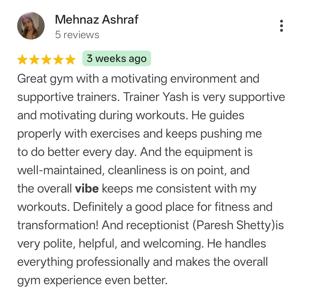 Google review praising vibe and ambience at Fit Playce