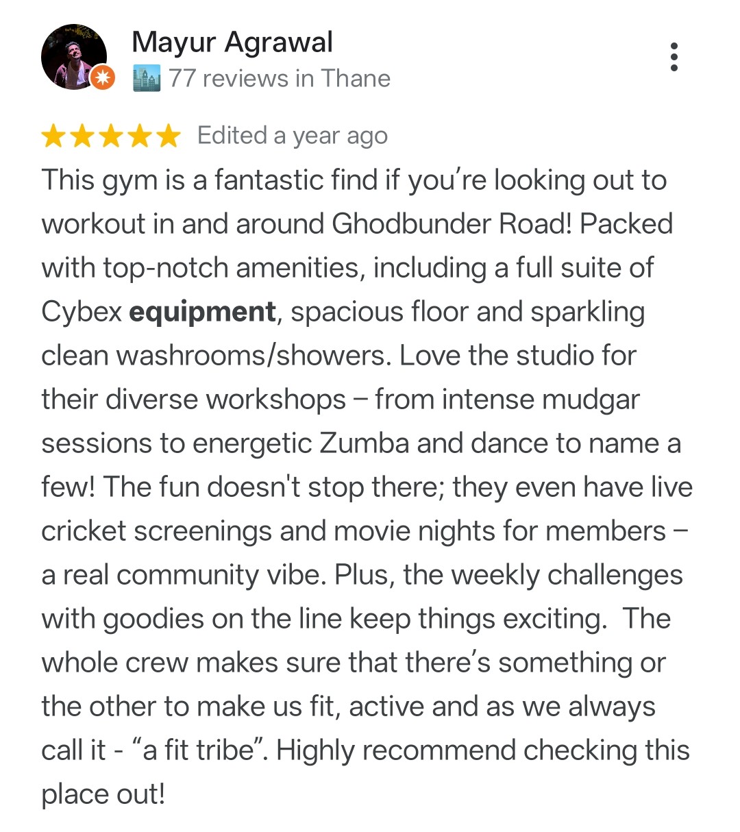 Google review praising equipment at Fit Playce