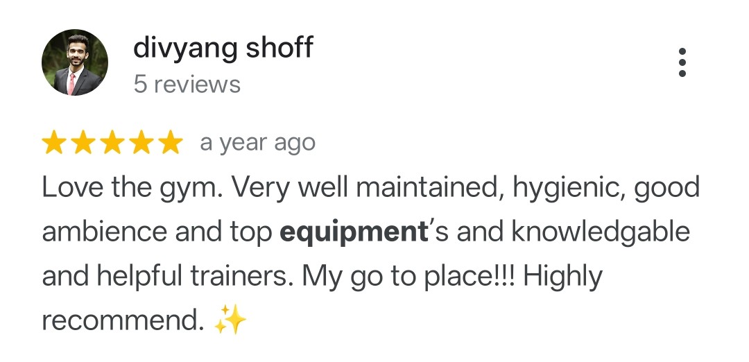 Google review praising equipment at Fit Playce